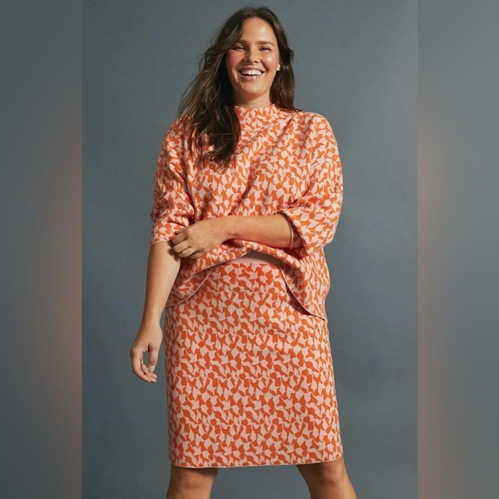 Anthropologie Maeve Anja Pink Orange Abstract Print Sweater Skirt Set Size Small